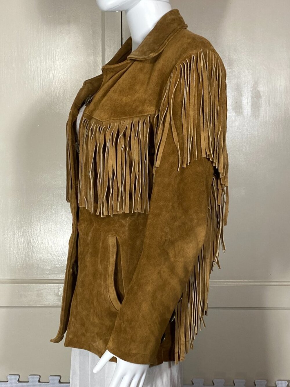 VINTAGE REAL LEATHER Brown Suede Fringe Jacket Western Festival Boho Hippie Sz L - Picture 4 of 13